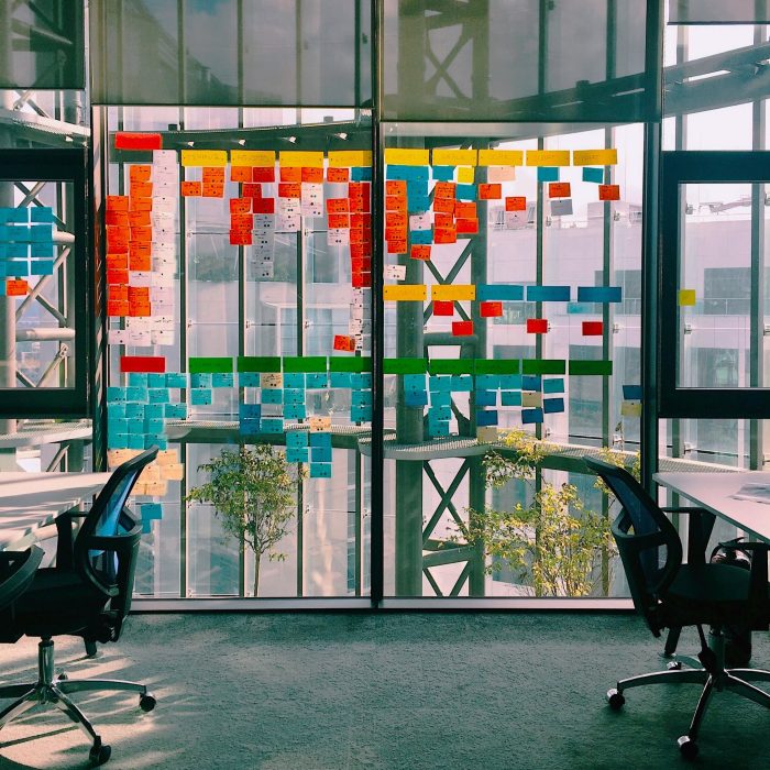 Change management ACM training simulations Picture of office full of post-it notes to represent organizational change and change management training simulations.